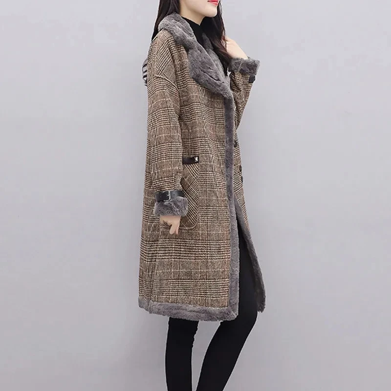 2023 Autumn Winter Long Woolen Jackets Women\'s Clothing Velvet Fur Collar Cold-Resistant Warm Coat Plaid Parka Female