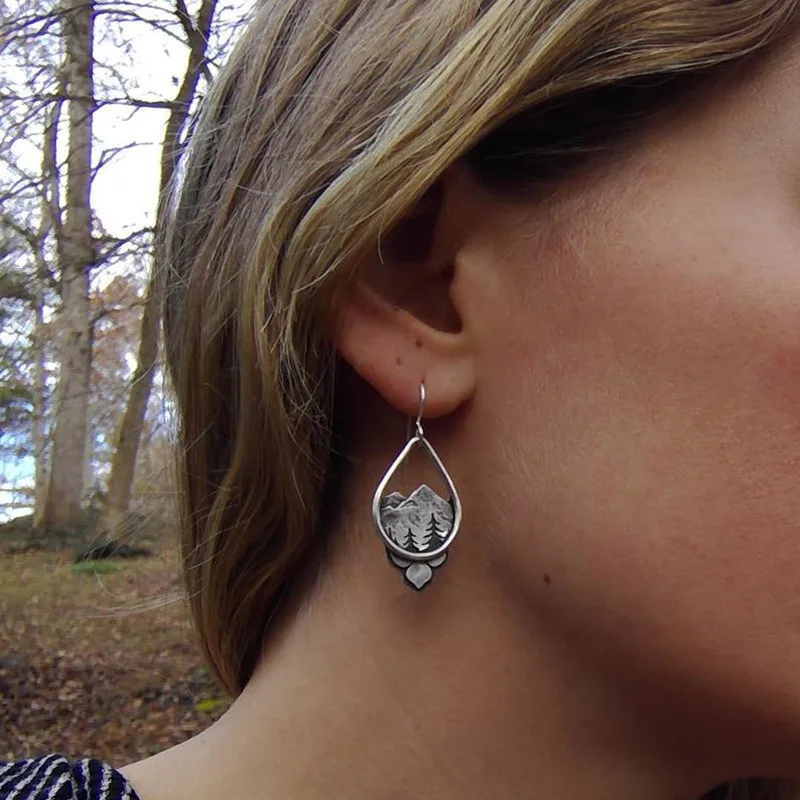 Pendientes de gota de agua Vintage para mujer, aretes colgantes de pino de montaña de Color plateado, joyería de estilo étnico, bosque alpino