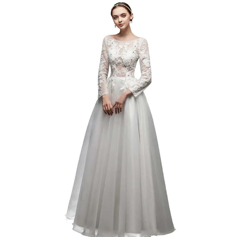 

Simple Illusion A Line Wedding Dresses Long Sleeve Lace Applique Beading Crystals Floor Length Bridal Gown Backless