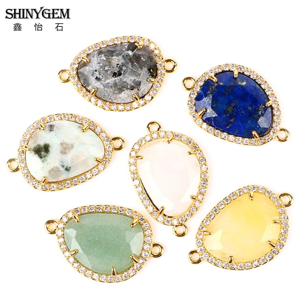 ShinyGem 15*24mm Charms Faceted Labradorite Connectors Inlay Zircon Gold Plated Semi-Precious Connectors For DIY Jewelry Making