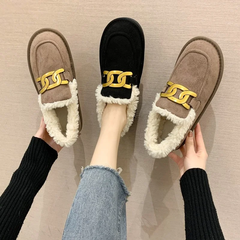 2023 decorazione in metallo scarpe da donna in pelliccia sintetica Slip on mocassini da donna Solid Casual Shoes for Women Fashion Flats Winter Warm