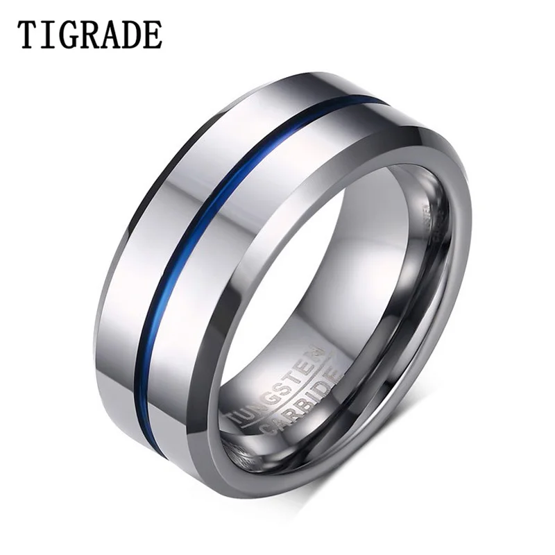 Tigrade męskie pierścionki 8mm wolframowa obrączka kolor srebrny z niebieską/szarej linią stylowy męski anillos hombre pierścionek rocznicowy