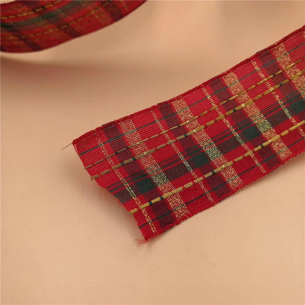 38MM 25yards Wired Edge Red Green Scottish Checked Plaid Ribbon for Festival Christmas Decoration New Year Gift Wrapping N1042