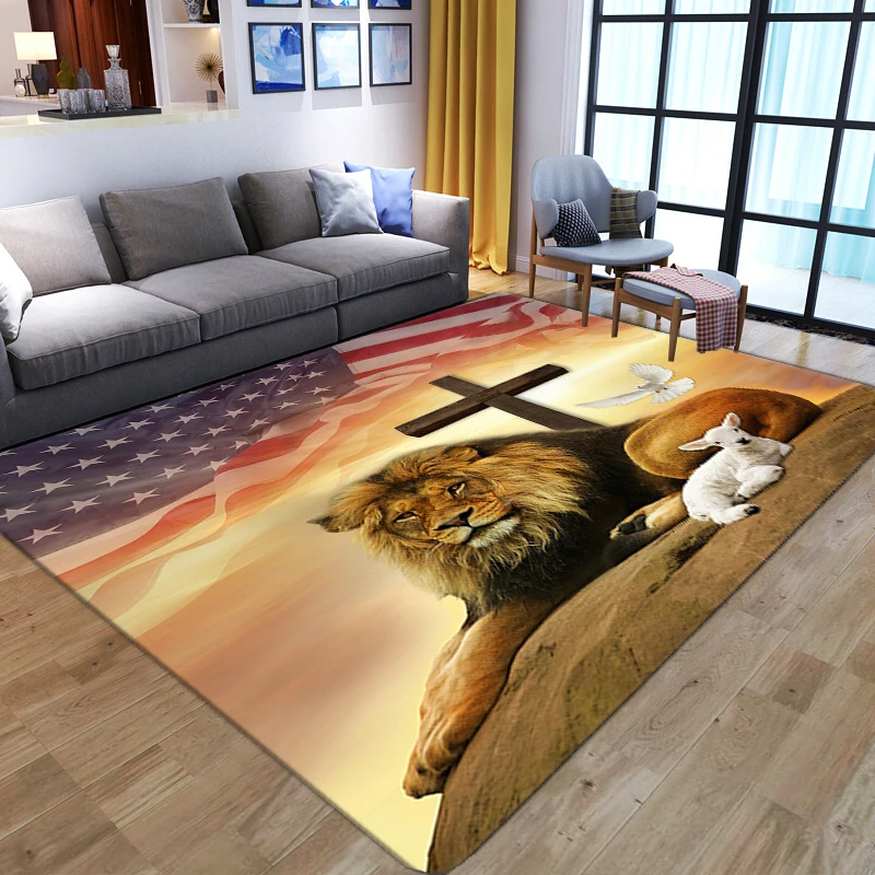 Lion cross 3D Printed Carpet Kids Bedroom Play Mat Soft Flannel Memory Foam play Area Rugs American Flag Carpets for Living Room