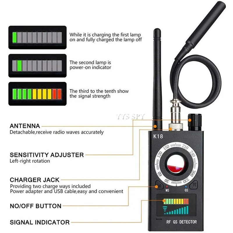 Escáner de señal RF antiespía K18, cámara oculta, Detector magnético, rastreador GPS, inalámbrico, Audio GSM, localizador de insectos con bolsa