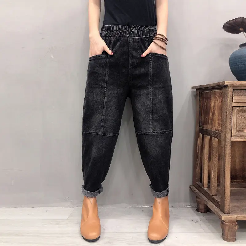 Autumn/Winter Solid Color Jeans Women's Thick Fleece High Waist Harem Pants Loose Dad Jeans Women's Vintage Streetwear Jeans