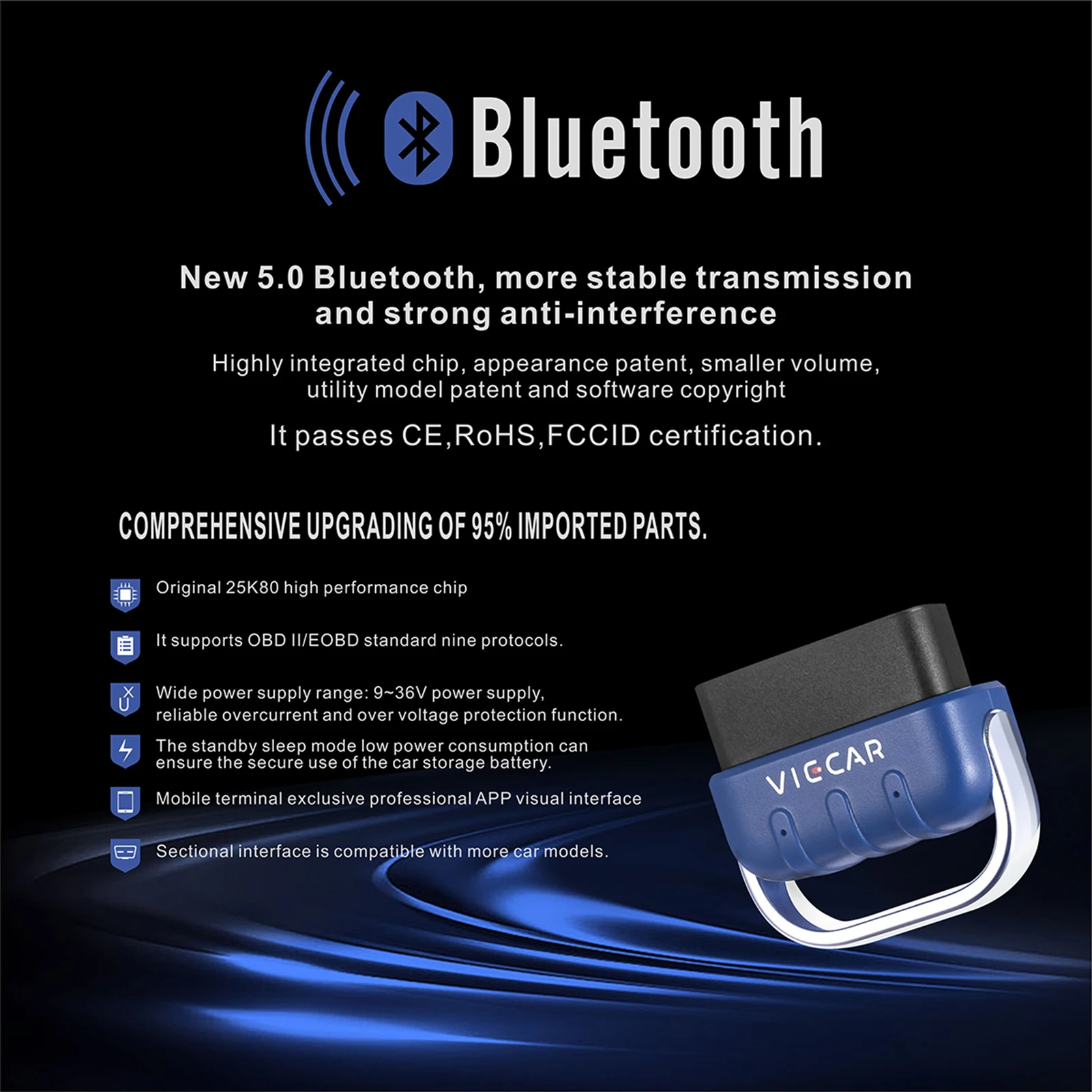 Mini ferramenta de scanner de carro, dispositivo prático de diagnóstico de veículo viecar vp005, bluetooth 5.0 obd2, ferramenta de scanner para android/ios