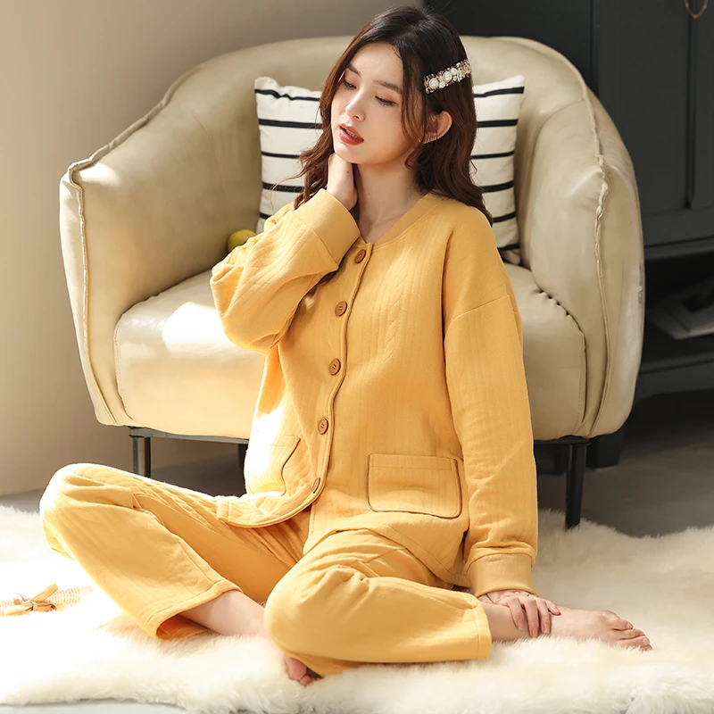 

Women Autumn Thin Quilted Pajamas Cotton Warm Ladies Sleepwear Long Sleeve Winter Pyjamas Women Big Yards M-XXXL Pijamas Mujer