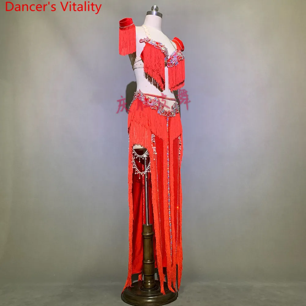 Women Belly Dance Competition Outfits Customized Tassel Bra Sexy Split Long Skirt Oriental Indian Drum Dancing Performance Suit