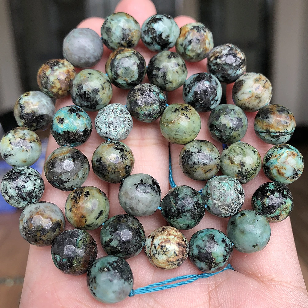 Faceted Natural African Turquoise Stone Beads Round Loose Mineral Beads for Jewelry Making DIY Handmade Bracelet 15\'\' 4 6 8 10mm