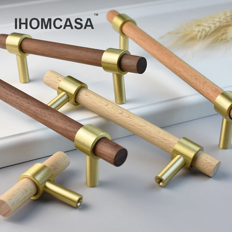 IHOMCASA Nordic Style Brass Black Walnut Furniture Handles Wood Pulls Cupboard Wardrobe Dresser Shoe Box Drawer Cabinet Knobs