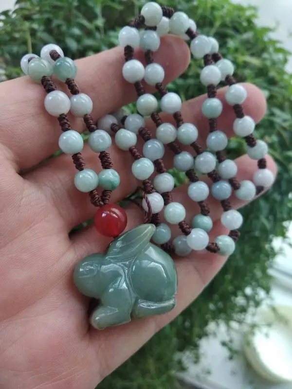 Natural Myanmar Jade rabbit Pendant jadite Amulet Mala Bead Hanging Chinese Zodiac coney Talisman