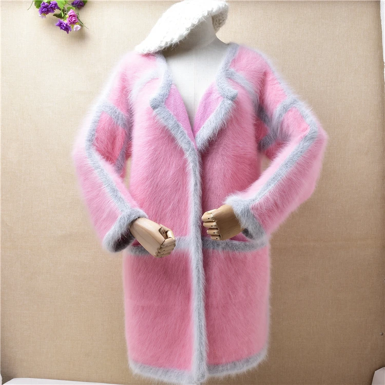 1.2KG heavy thick female women sweet pink mink cashmere knitted long sleeves loose cardigans angora fur jacket coat sweater pull