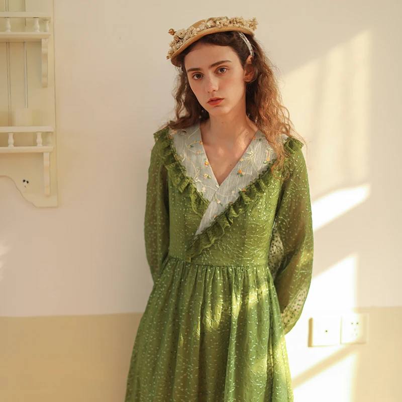 LYNETTE'S CHINOISERIE Spring Summer New Women Elegant Romantic Green Vintage Exquisite Embroidery Emerald Brocade Dresses