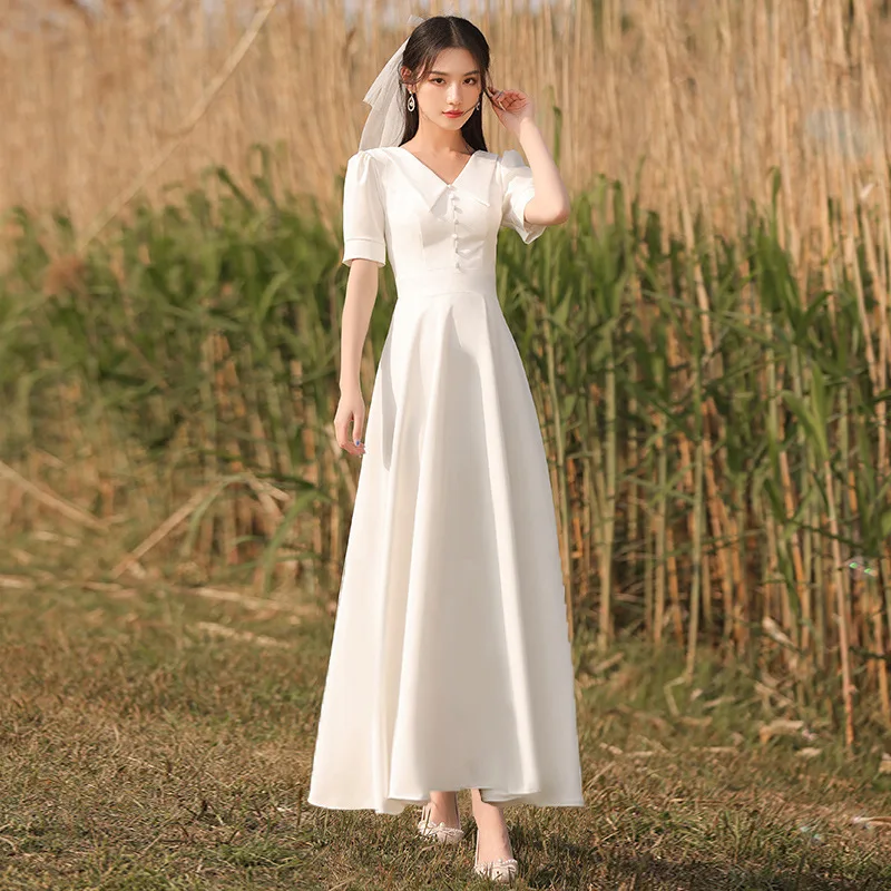 V Neck Simple Satin Wedding Dresses Elegant A Line Puff Short Sleeves Mid Length Modest Garden Bridal Gown SWD045