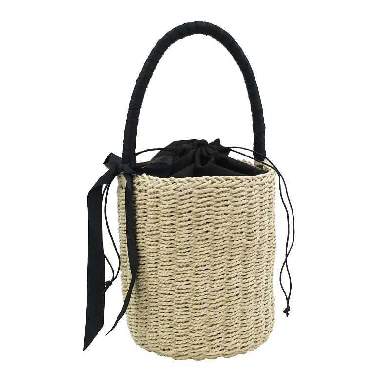 Handmade Women\'s Handbag Bucket Straw Bag Female Summer Beach Bags Bohemia Woven Bow Top-handle Tote Knitted Drawstring Basket