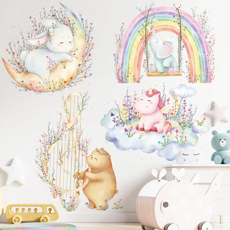 Children's Room Stickers Animals Moon Cloud Rainbow Good Night Wall Sticker DIY for Kindergarten Early Education Home Decoration