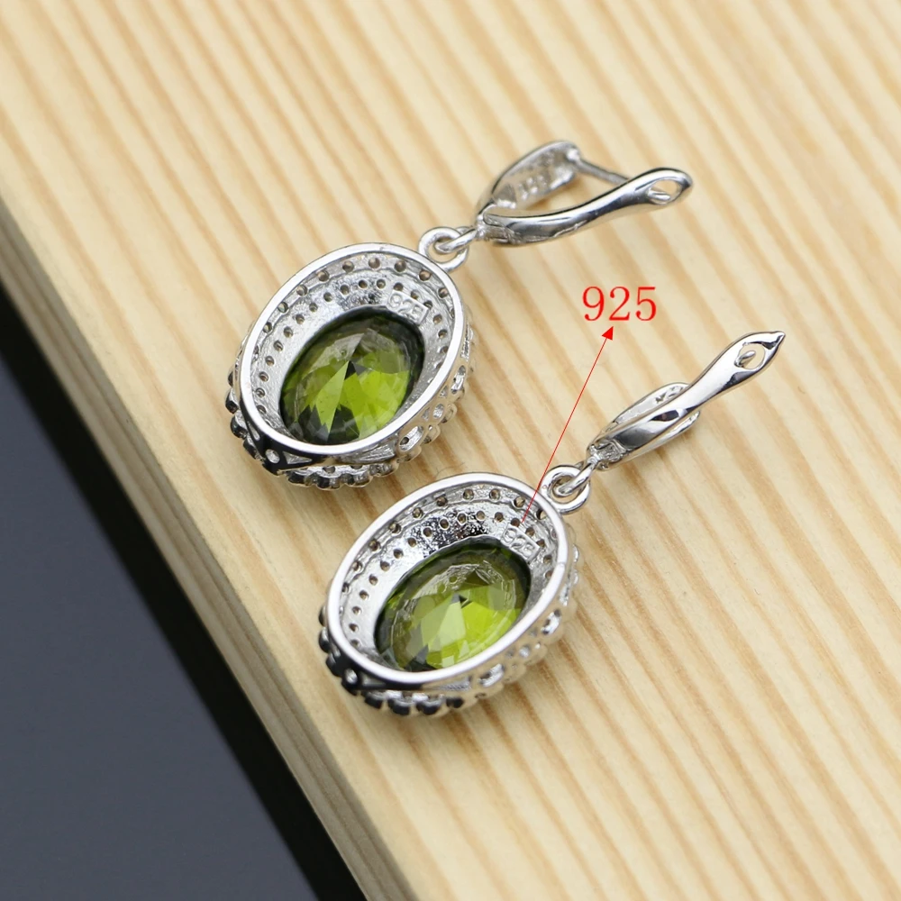 Earrings With Olive Green Stone 925 Sterling Silver Jewelry CZ For Bridal Decoration Earrings Set Dropshipping