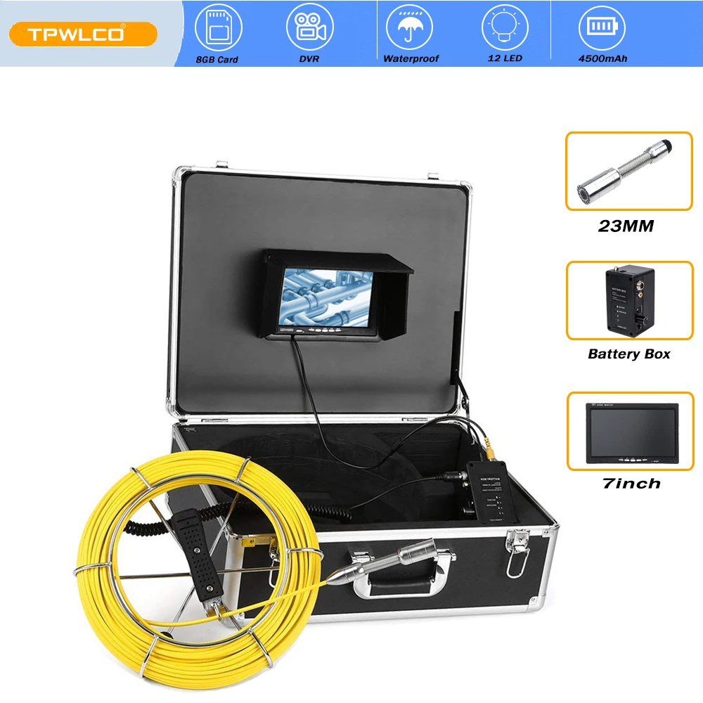 

7inch Monitor Pipeline Endoscope Inspection System 8GB SD Card 20/30/40/50m Cable Industrial Pipe Sewer Drain Video Camera 23mm