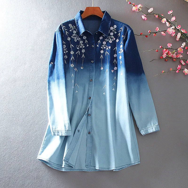 

Women's Autumn Winter Designer Floral Embroidery Gradient Long Cotton Denim Shirt Female Casual Loose T Shirt Top TB1448