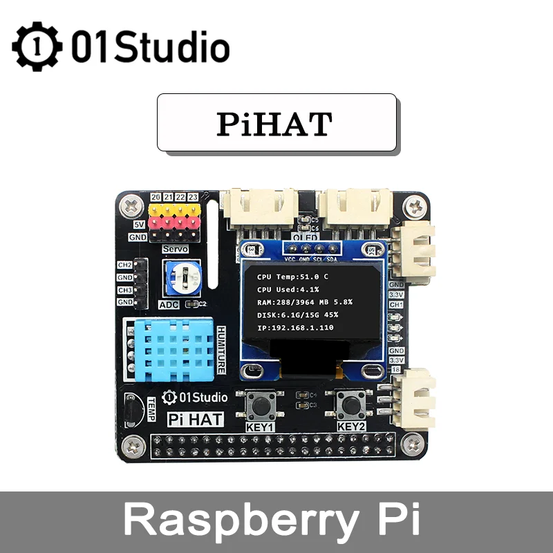 01Studio PiHAT Raspberry Pi 3B 3B+ 4B Jetson Nano Development Demo Expansion Board Module Python Programming 2G 4G 8G