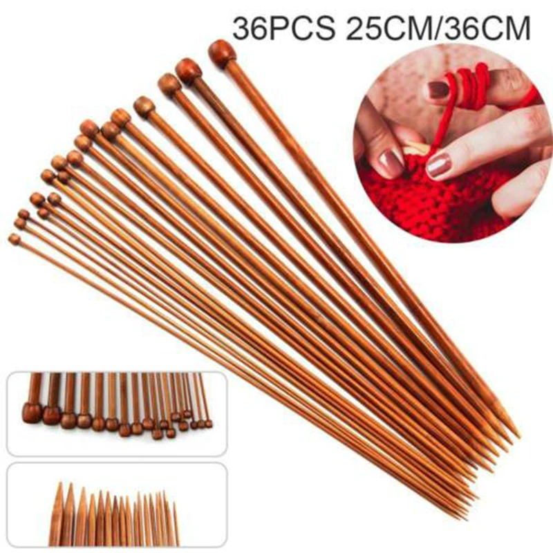 25/36CM High Quality Set 36pcs Single Pointed Bamboo Knitting Needles 2mm - 10mm