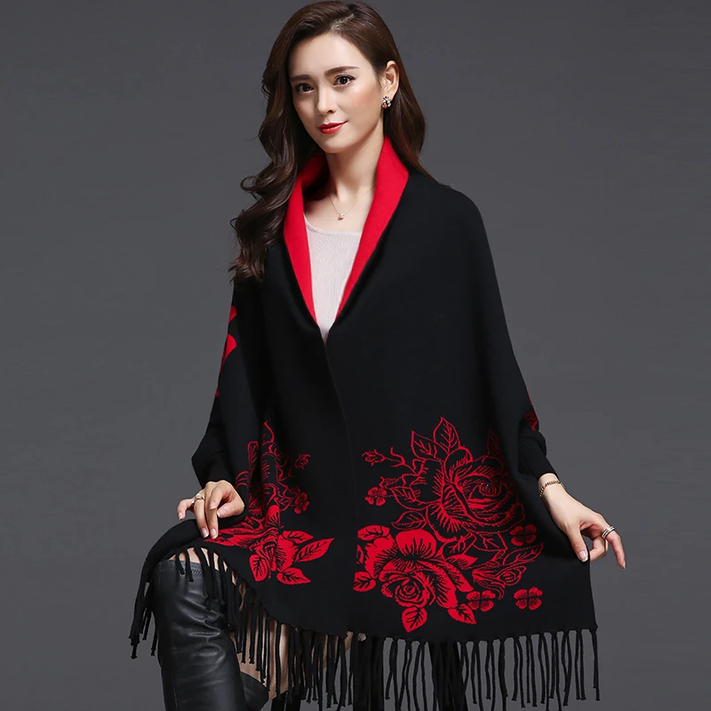 Women Wedding Tassel Knitted Jacquard Shawl Wrap Retro Plus Size Cardigan Multifunctional Poncho Cape Winter Sweater Coat Mujer