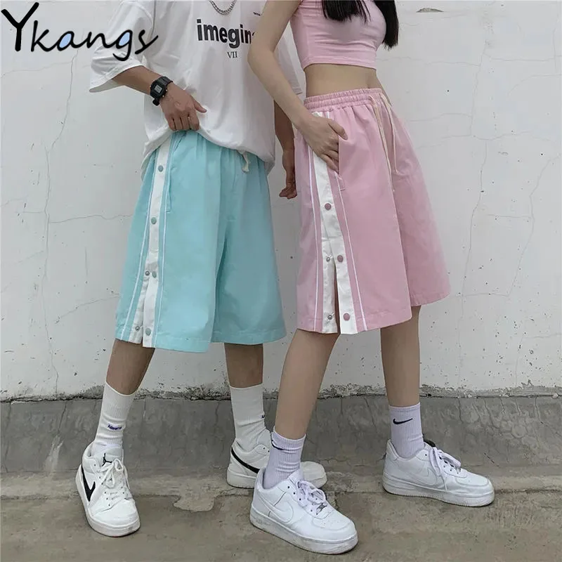 Button Stitching Women High Waist Shorts Summer Fashion Street Style Ladies Sports Shorts Straight Casual Loose Wide-leg Shorts