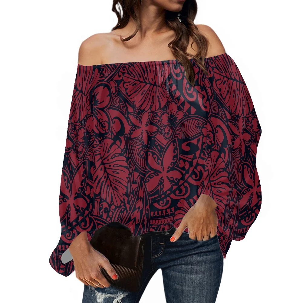 

HYCOOL Polynesian Red Blouse Women Elegant Casual Samoan Tribal Tattoo Print Puff Sleeve Top Sexy Vintage Off Shoulder Top 2021