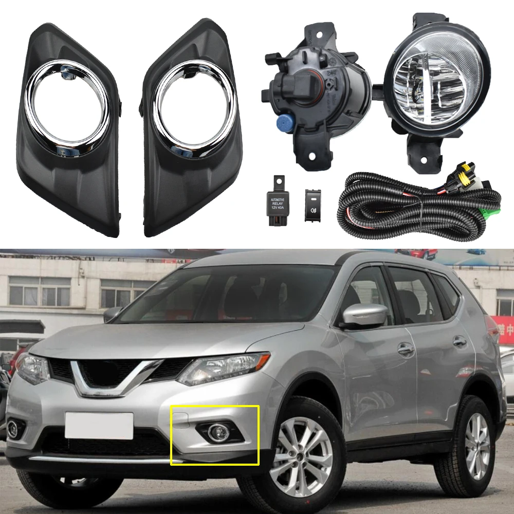 1pair LED Front Fog Light For Nissan X-trail Rogue T32 2014 2015 2016 and wire Switch Harness Cover fog lights lamps frame cover