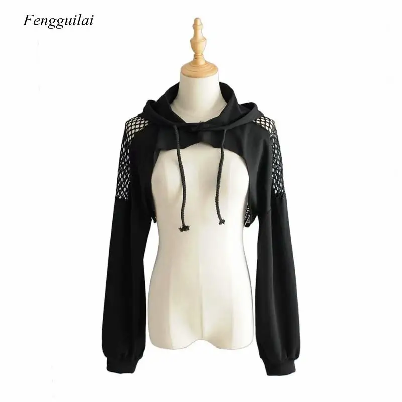 2021 Summer Slim Fit Open Navel Short Long Sleeve Mesh Hollow Out Hooded T-Shirt