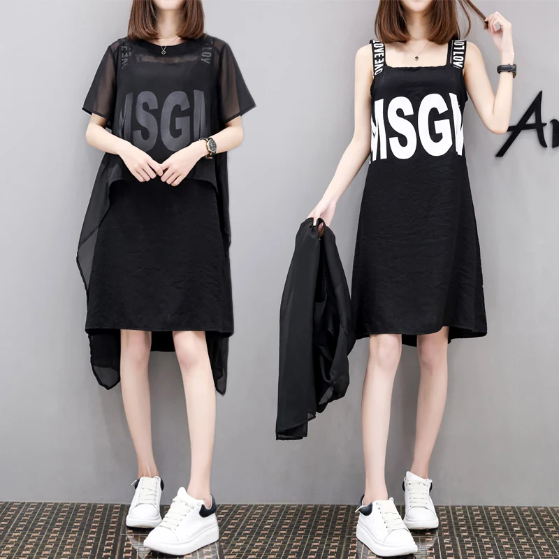 New Arrival Women's Fashion 2 Piece Sets Elegance O-Neck Short Sleeve Chiffon Tops Letter Sleeveless Above Knee Dress