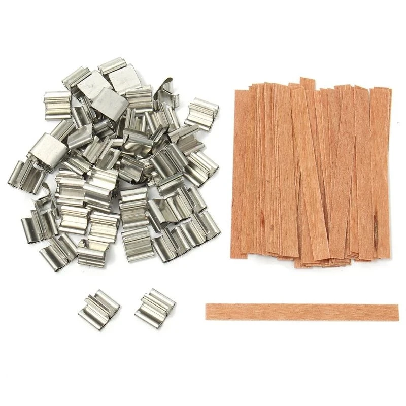 

50PCS Wood Candle Wicks with Iron Stand Candle Cores Natural Environmental Friendly Wick for Candle Making and Candle DIY Craft