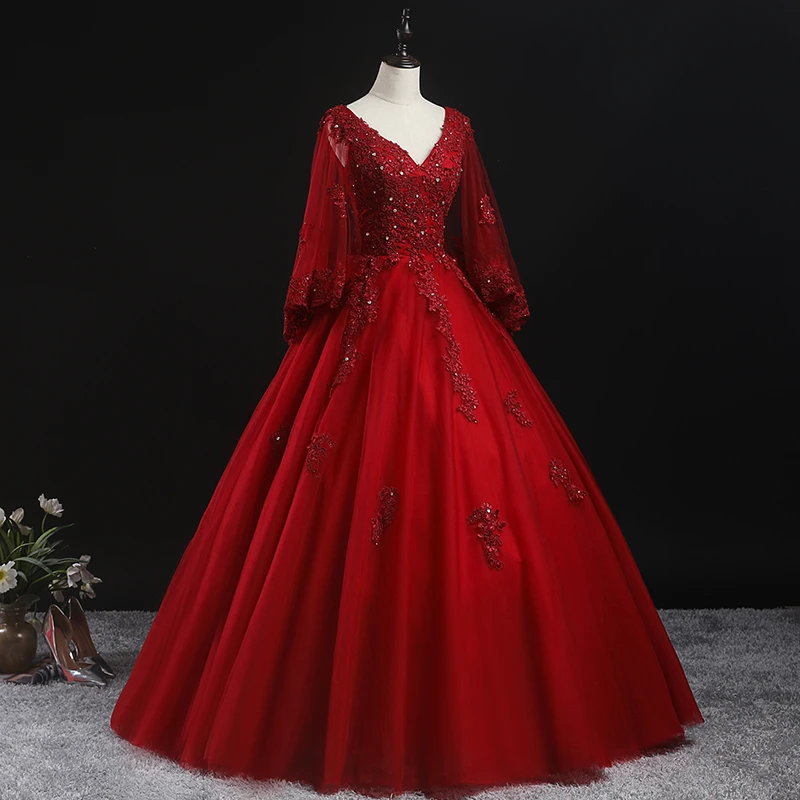 Quinceanera Kleid 2022 Party Prom Kleid Volle Hülse Sexy V-ausschnitt Ballkleid Luxus Spitze Vintage Abendkleider