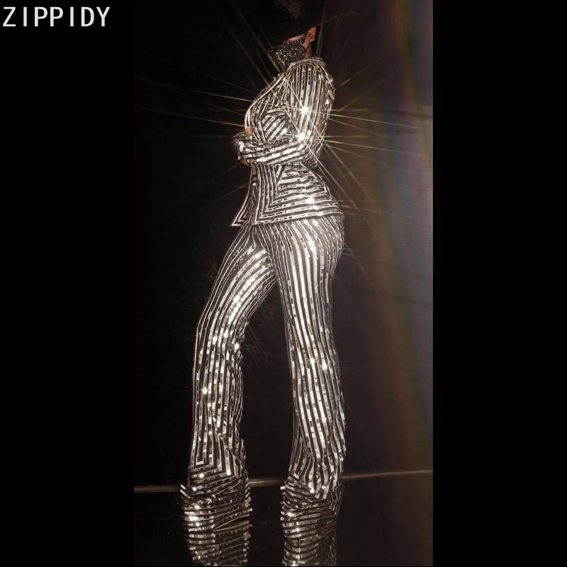 Bling Silver Striped Sequins Blazer Pants Birthday Celebrate Wear Female Singer Dancer Jacket Evening 2-Piece Suit Set