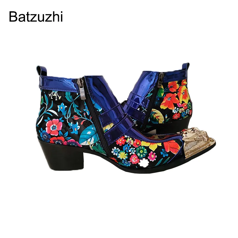 Bazuzhi-男性用の手作りのゴールドメタルのつま先の高級ブーツ,青い革のアンクルブーツ,ジッパーとロックバックル,パーティーや結婚式の靴