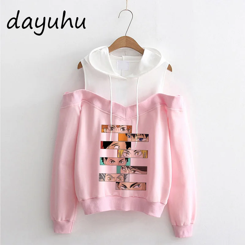 일본 애니메이션 Haikyuu Hoodies Off Shoulder 재미 있은 Karasuno Fly 높은 그래픽 Streetwear 겨울 따뜻한 패션 만화 스웨터