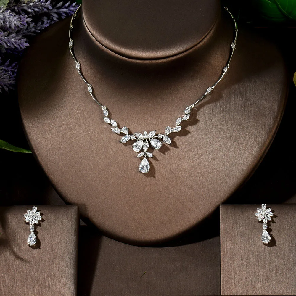 HIBRIDE New Wedding Costume Accessories Cubic Zircon Crystal Bridal Earrings and Necklace Jewelry Sets for Brides N-20