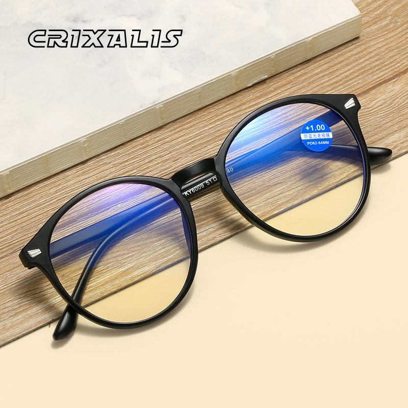 CRIXALIS Retro Anti Blue Light Reading Glasses Ladies Round Fashion Presbyopia Eyeglasses Women Computer Prescription Eyewear