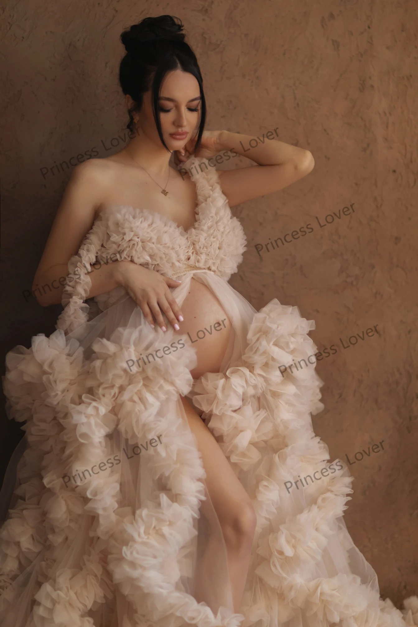knee length dresses for ladies Nude April Ostrich Feather Maternity Dress | Luxury Maternity Clothes main image 0