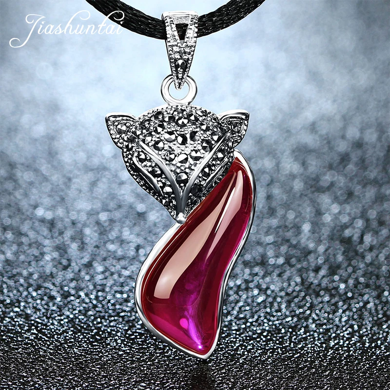 

ZHJIASHUN Retro Garnet 100% 925 Silver Sterling Fox Pendants Necklace Natural Gemstones Ruby Silver Pendant Jewelry For Women