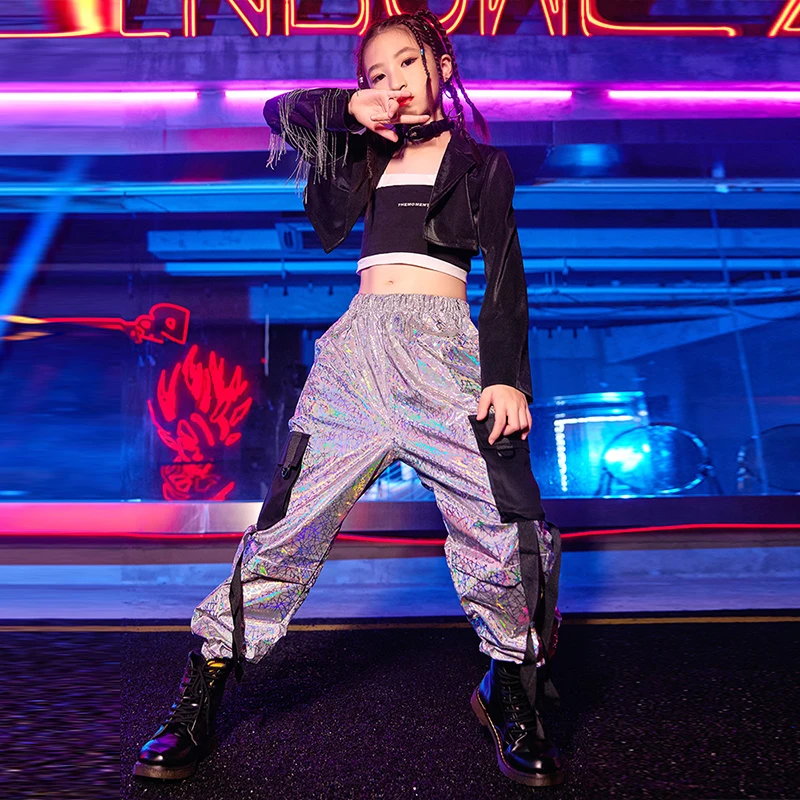 Hip Hop Jazz Dance Kostüm Mädchen Kpop Bühne Outfit Quaste Schwarze Jacke Helle Cargo Hosen Modenschau Kleidung Street Dance Tragen