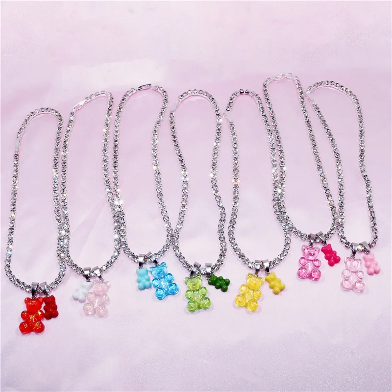 Handmade Rhinestone Colorful Jelly Teddy Bear Charm Necklace Hip Hop Gummy Pendant Crystal Accessories Chain Necklace Jewelry