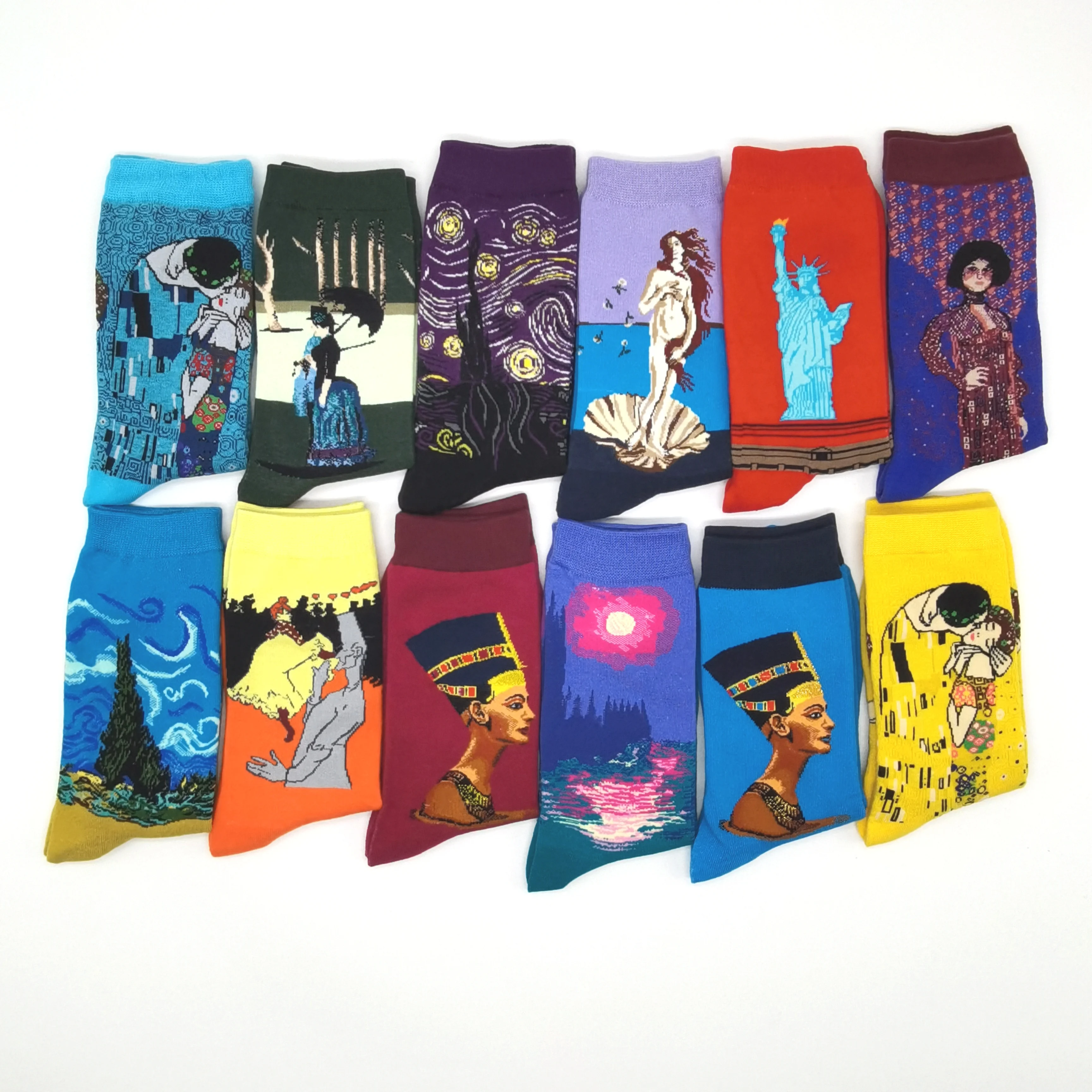 12 Pairs/Pack Men Woman Colorful Fun Cotton Socks Famous Painting PatternedPrinted Cool Novelty Funny Art Dress Socks