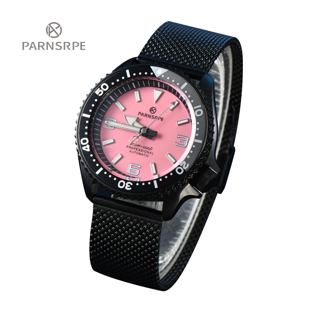 PARNSRPE Diver Men\'s Watch pink  Dial Sapphire Glass Japan NH35 Movement  Date Indicator