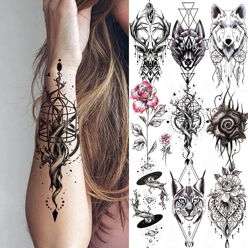 Cage Life Tree Bird Temporary Tattoo For Women Wolf Black Cat Fake Jewelry Tattoo Sticker Dream Catcher Water Transfer Tatoo