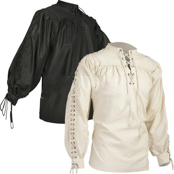 Men Medieval Renaissance Grooms Pirate Reenactment Larp Costume Lacing Up Shirt Vintage Bandage Top Middle Age Clothing