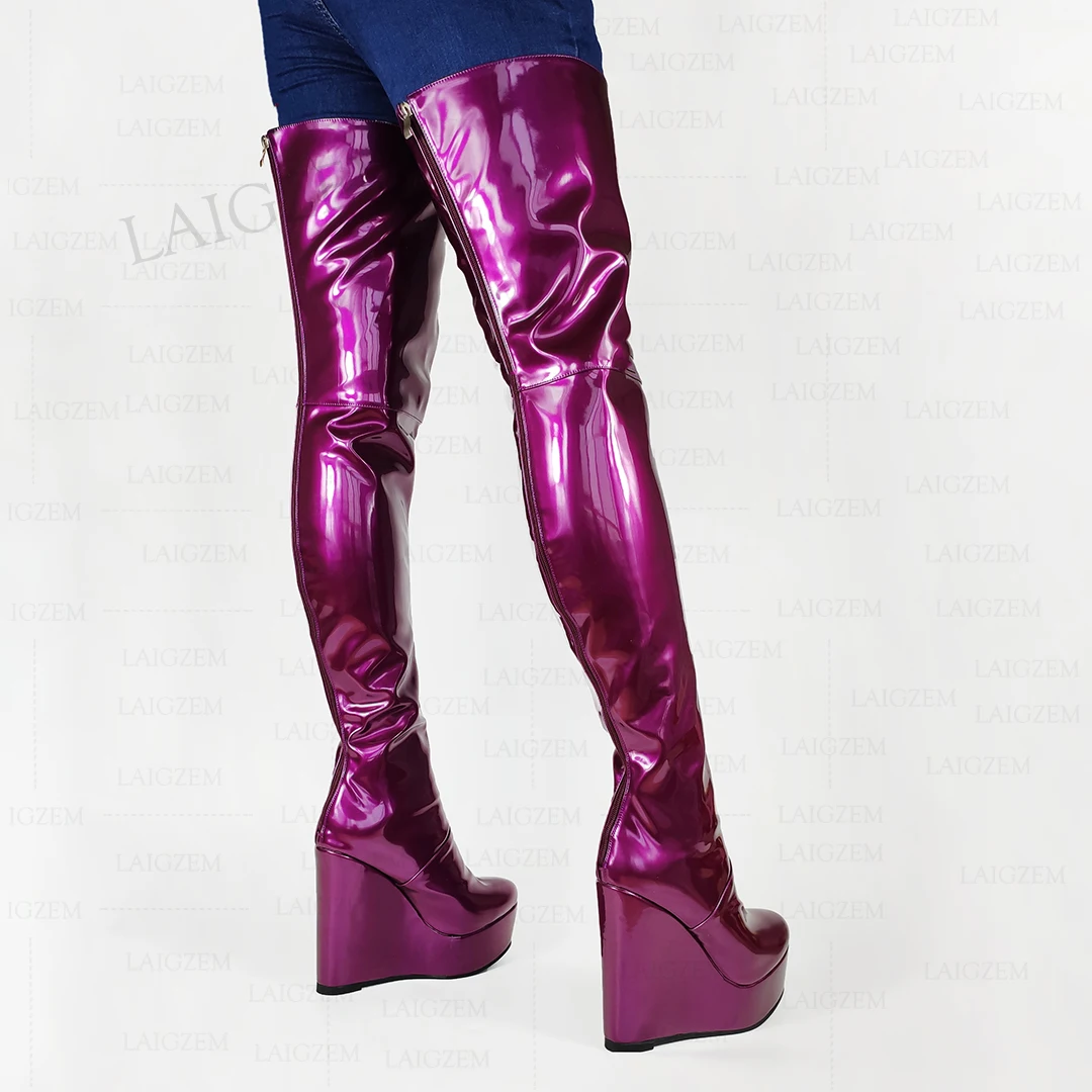 LAIGZEM SUPER Women Over Knee Boots Shiny Platform Wedges Thigh High Boots Unisex Zip Up Ladies Shoes Woman Big Size 42 45 50 52