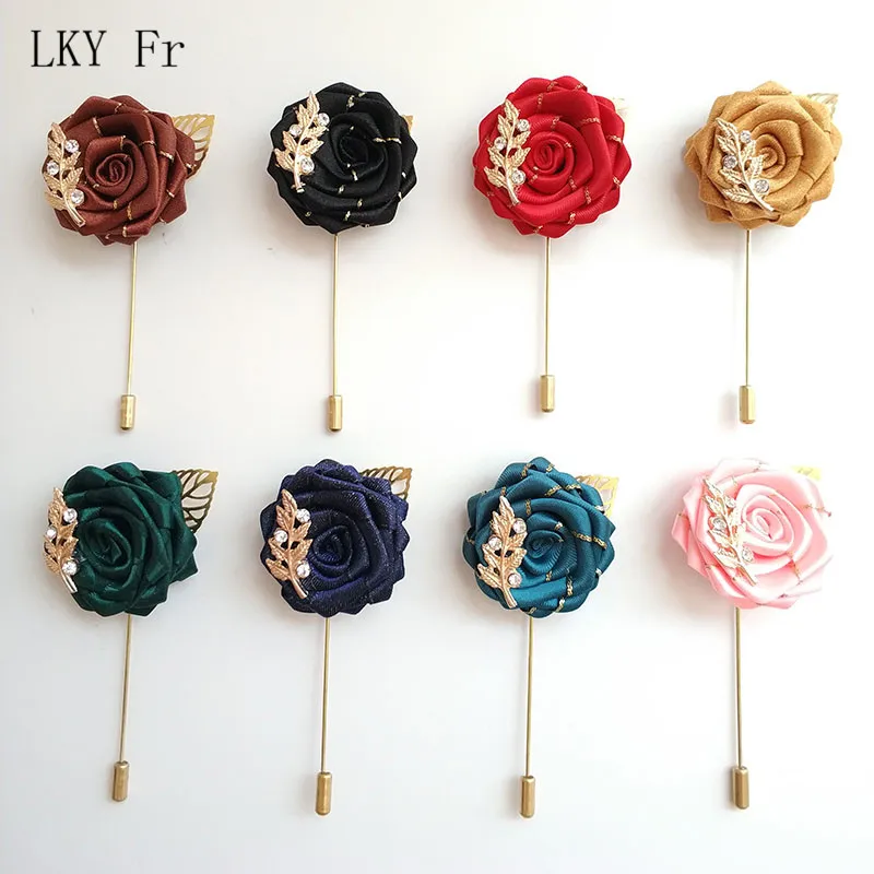 

LKY Fr Women Men Handmade Ribbon Rose Boutonniere Corsage Brooch Pin Wedding Boutonniere Groomsmen Prom Suit Accessories Mariage