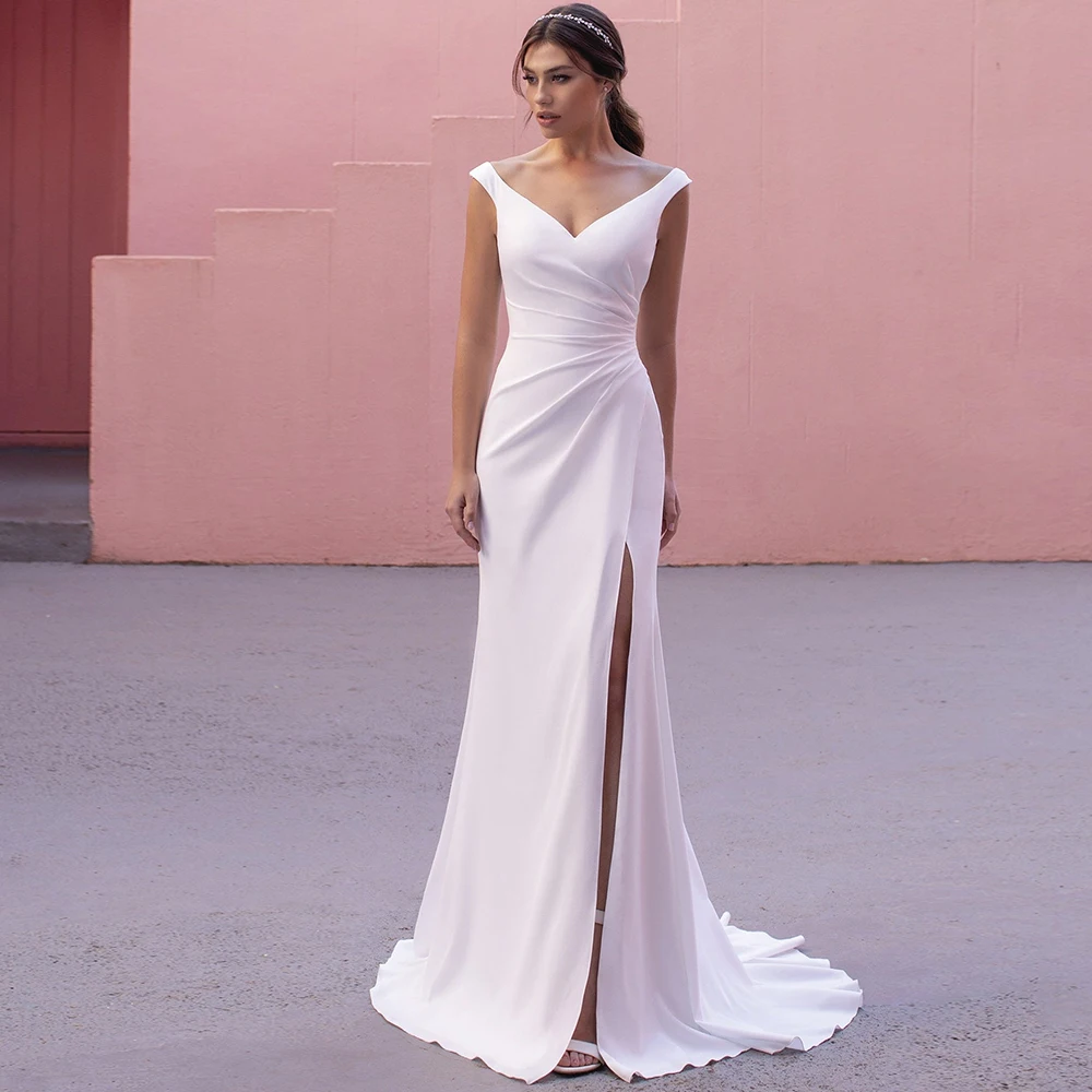 Customized Weilinsha Simple V Neck Jersey Wedding Dress With Side Split For 2023 Ladies Sheath Pleats Sweep Train Sleeveless Bri